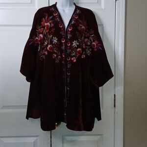 Umgee Dark Burgundy Velvet Embroidered Kimono Style open front Cardigan